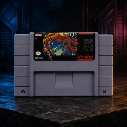 Representative Super Metroid one loose gray North American SNES cartridge in a dark collector studio with sculpted side light, not the specific RGM unit