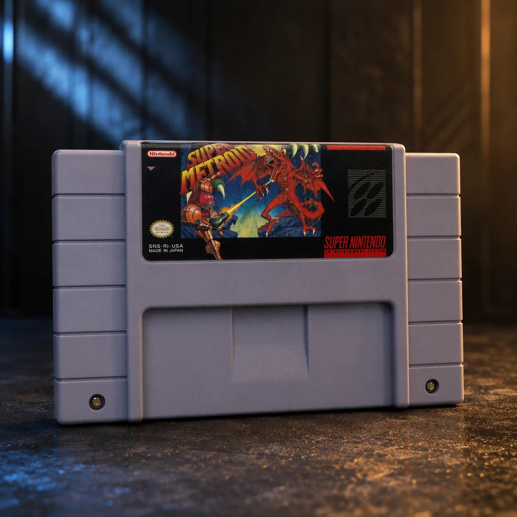 Representative Super Metroid one loose gray North American SNES cartridge on a warm editorial tabletop with shallow depth of field, not the specific RGM unit
