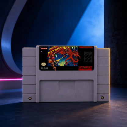 Representative Super Metroid one loose gray North American SNES cartridge in a bold architectural color set, not the specific RGM unit