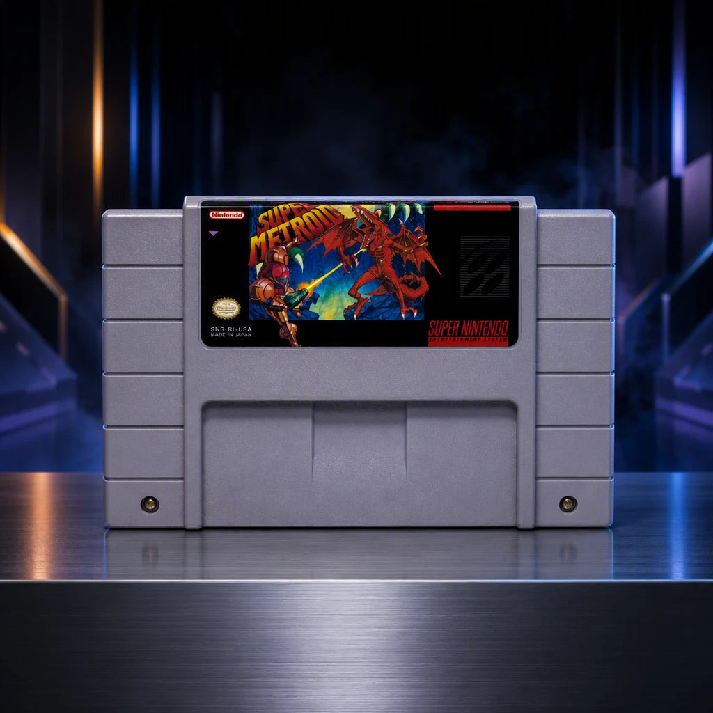 Representative Super Metroid one loose gray North American SNES cartridge on a brushed-metal gallery pedestal, not the specific RGM unit