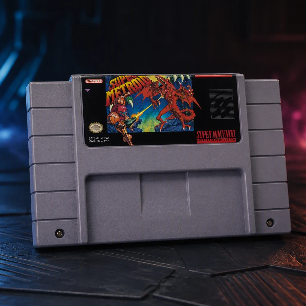 Representative Super Metroid one loose gray North American SNES cartridge in a close macro view of the authentic printed identity, not the specific RGM unit