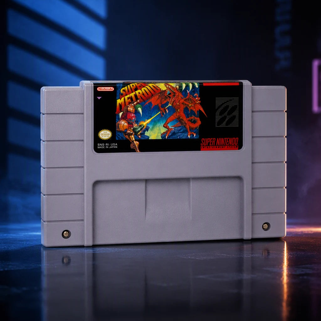 Representative Super Metroid one loose gray North American SNES cartridge under a shaped studio light pattern, not the specific RGM unit