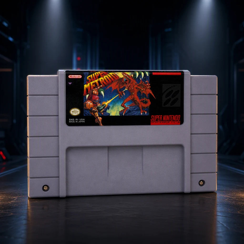 Representative Super Metroid one loose gray North American SNES cartridge displayed alone in a dark museum alcove, not the specific RGM unit
