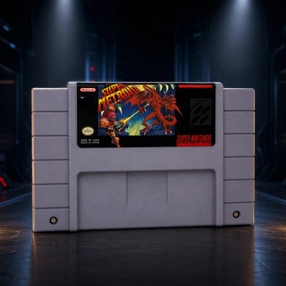 Representative Super Metroid one loose gray North American SNES cartridge displayed alone in a dark museum alcove, not the specific RGM unit