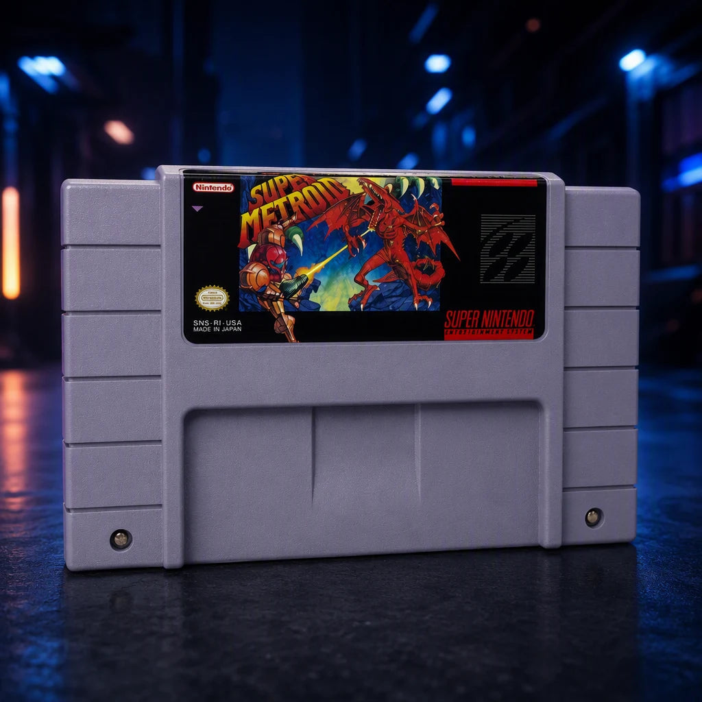 Representative Super Metroid one loose gray North American SNES cartridge in a cinematic night interior with soft background lights, not the specific RGM unit