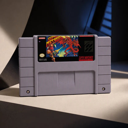 Representative Super Metroid one loose gray North American SNES cartridge in a cream and charcoal editorial composition, not the specific RGM unit