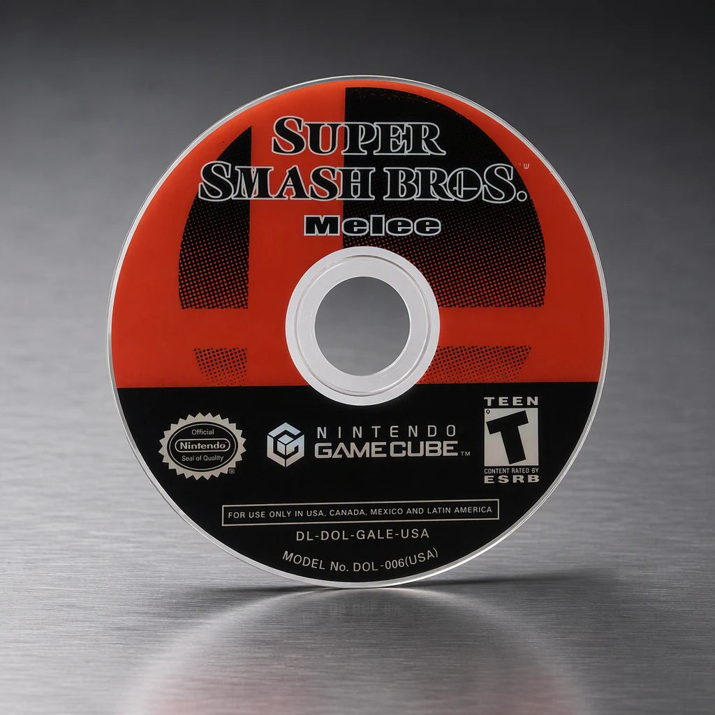 Representative Super Smash Bros. Melee for GameCube on a metal display plinth