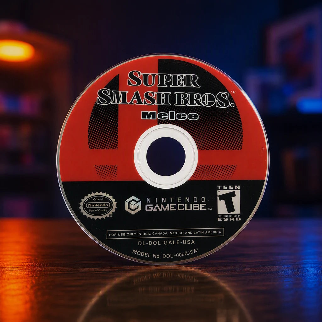 Representative Super Smash Bros. Melee for GameCube in a softly lit retro room