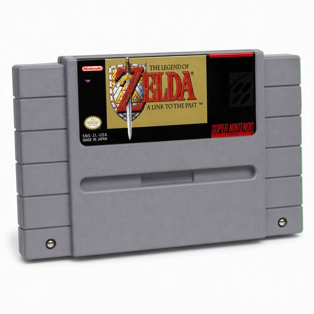Representative The Legend of Zelda: A Link to the Past one loose gray North American SNES cartridge on a clean white catalog background, not the specific RGM unit
