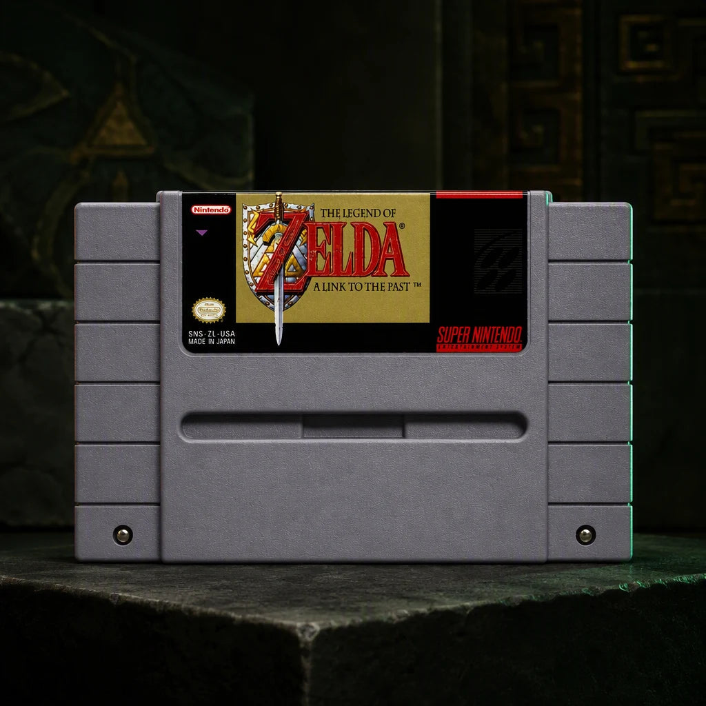 Representative The Legend of Zelda: A Link to the Past one loose gray North American SNES cartridge in a dark collector studio with sculpted side light, not the specific RGM unit