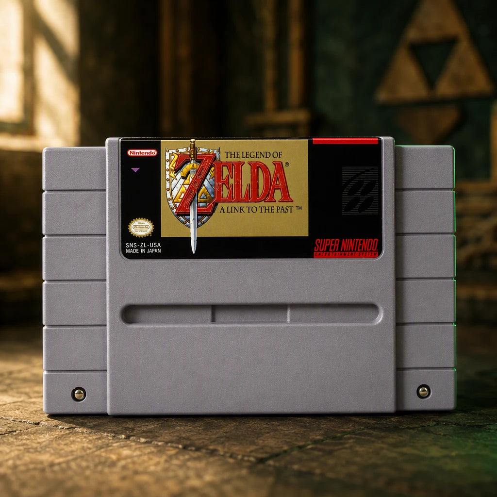 Representative The Legend of Zelda: A Link to the Past one loose gray North American SNES cartridge on a warm editorial tabletop with shallow depth of field, not the specific RGM unit