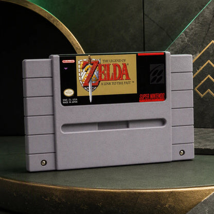 Representative The Legend of Zelda: A Link to the Past one loose gray North American SNES cartridge in a bold architectural color set, not the specific RGM unit