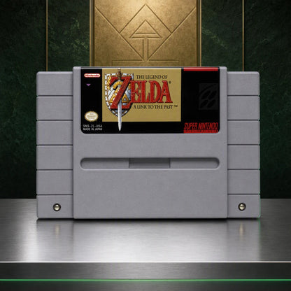 Representative The Legend of Zelda: A Link to the Past one loose gray North American SNES cartridge on a brushed-metal gallery pedestal, not the specific RGM unit
