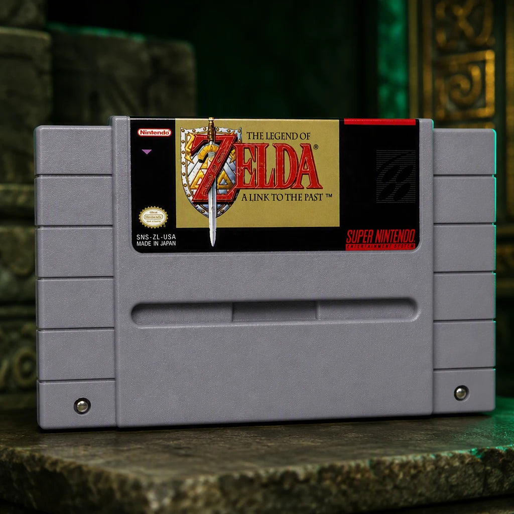Representative The Legend of Zelda: A Link to the Past one loose gray North American SNES cartridge in a close macro view of the authentic printed identity, not the specific RGM unit