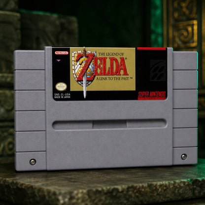 Representative The Legend of Zelda: A Link to the Past one loose gray North American SNES cartridge in a close macro view of the authentic printed identity, not the specific RGM unit