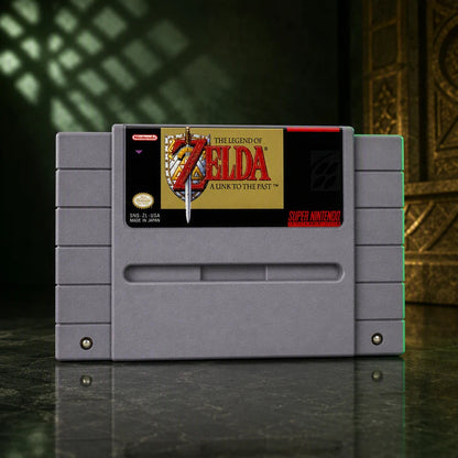 Representative The Legend of Zelda: A Link to the Past one loose gray North American SNES cartridge under a shaped studio light pattern, not the specific RGM unit