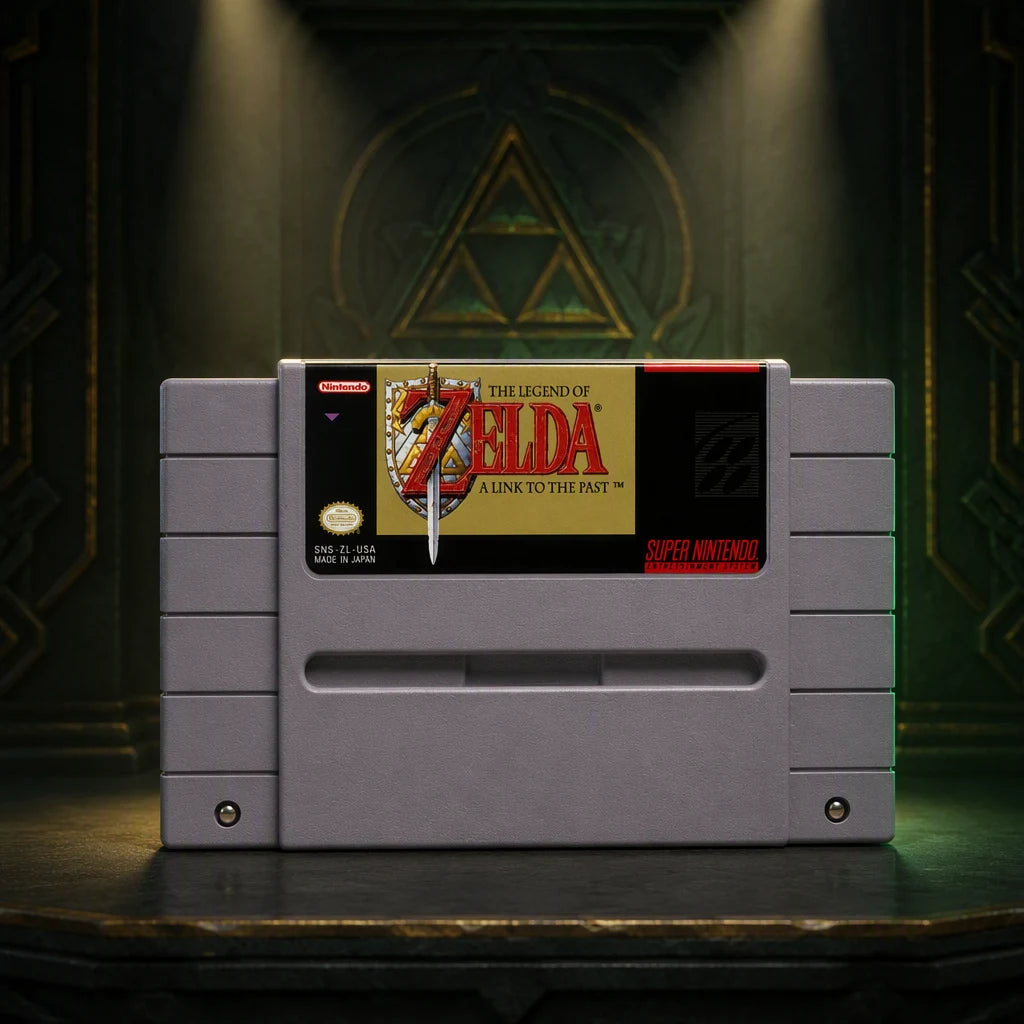 Representative The Legend of Zelda: A Link to the Past one loose gray North American SNES cartridge displayed alone in a dark museum alcove, not the specific RGM unit