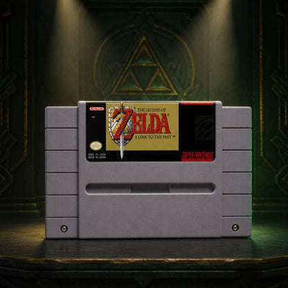 Representative The Legend of Zelda: A Link to the Past one loose gray North American SNES cartridge displayed alone in a dark museum alcove, not the specific RGM unit