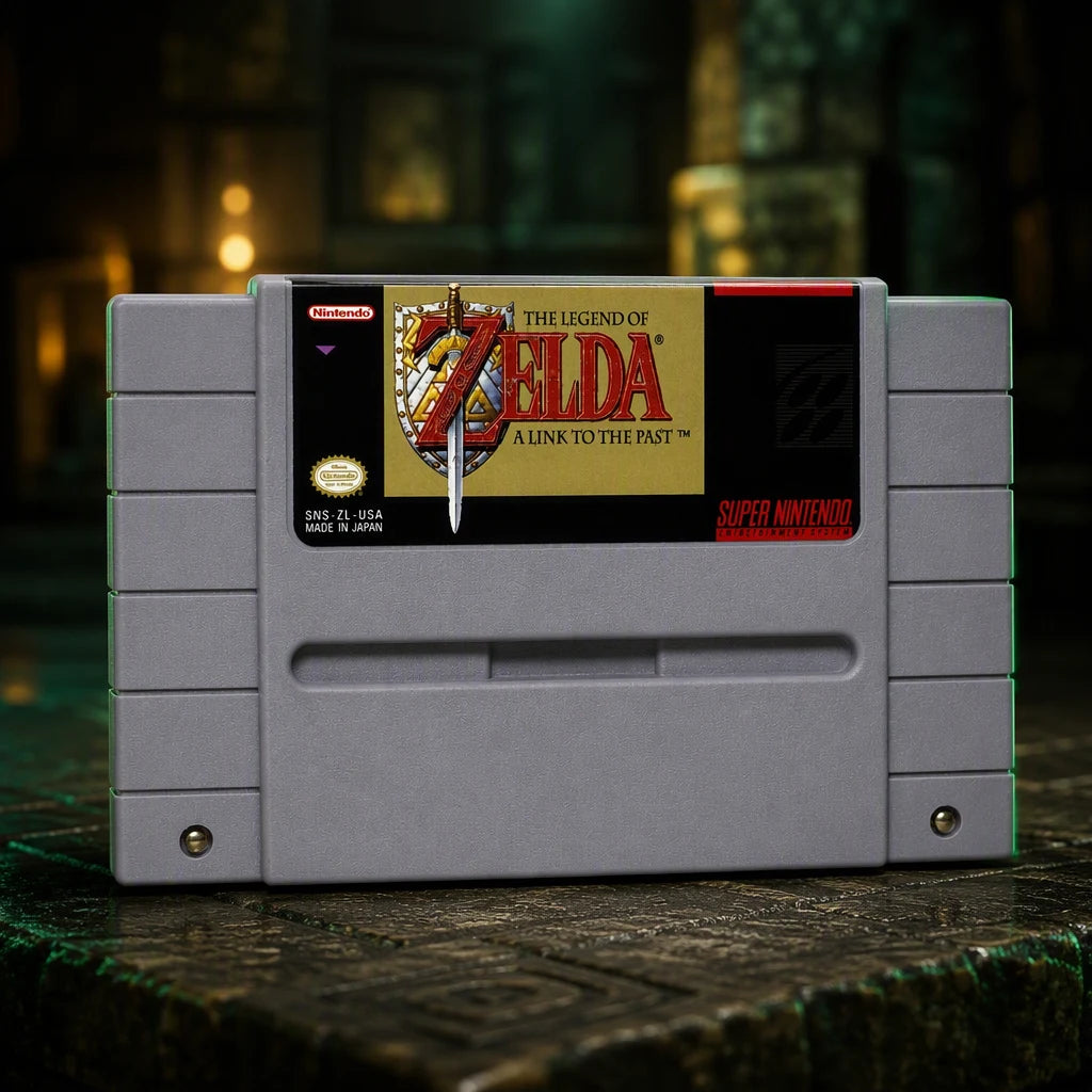 Representative The Legend of Zelda: A Link to the Past one loose gray North American SNES cartridge in a cinematic night interior with soft background lights, not the specific RGM unit