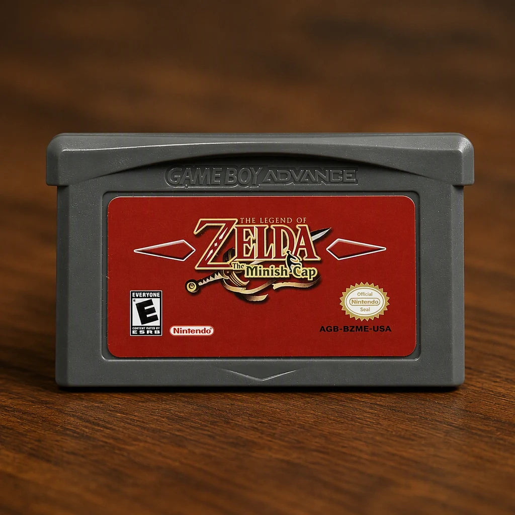 Representative The Legend of Zelda: The Minish Cap for Game Boy Advance on a walnut tabletop