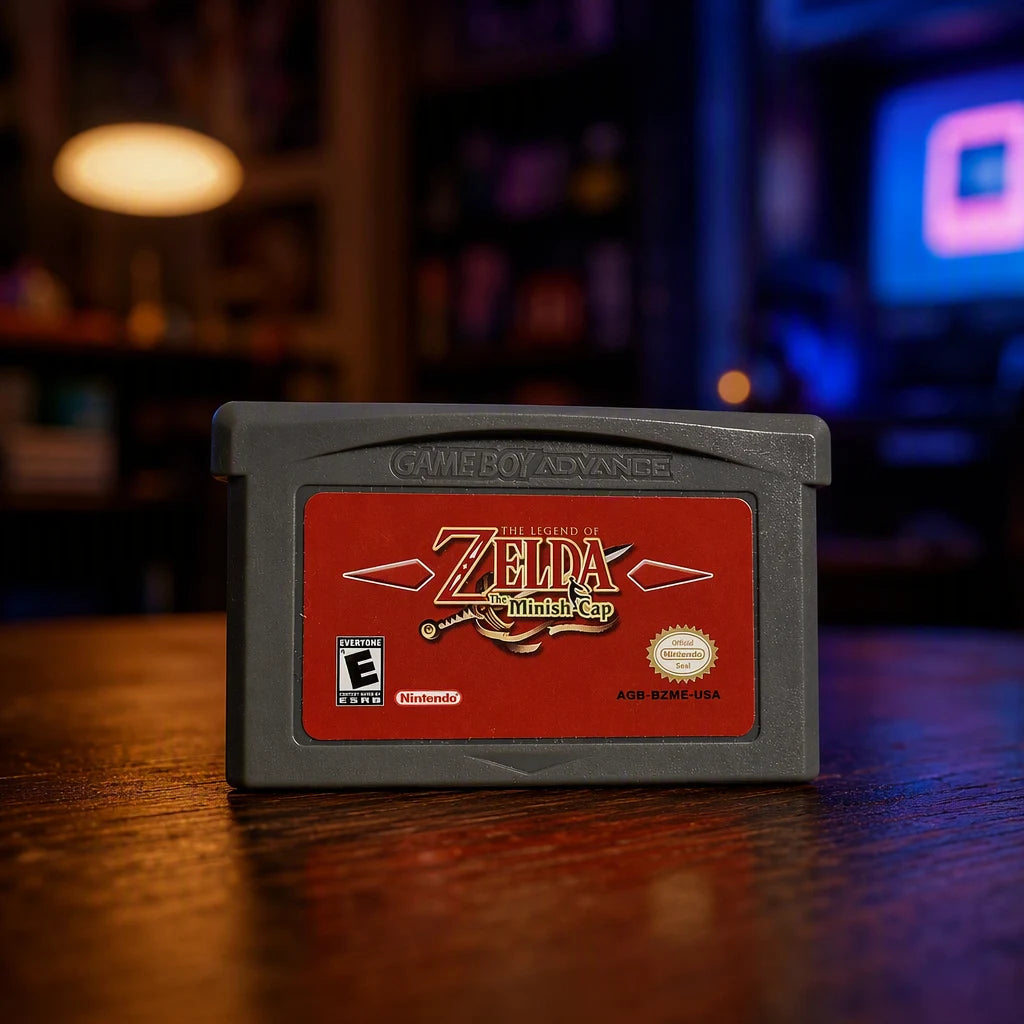 Representative The Legend of Zelda: The Minish Cap for Game Boy Advance in a softly lit retro room