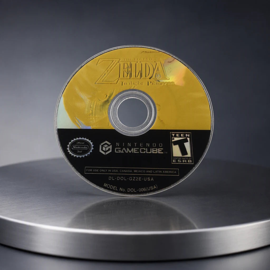 Representative The Legend of Zelda: Twilight Princess for GameCube on a metal display plinth