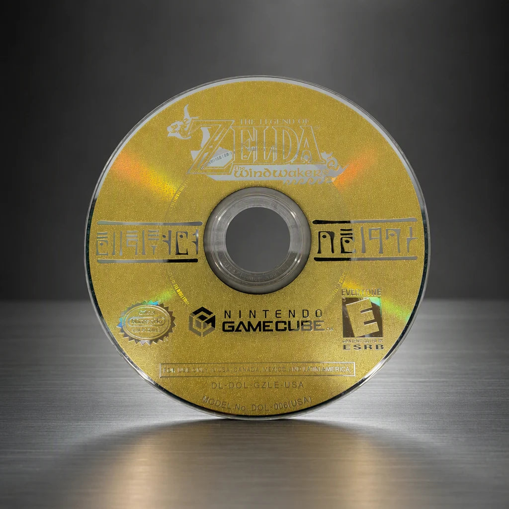 Representative The Legend of Zelda: The Wind Waker for GameCube on a metal display plinth