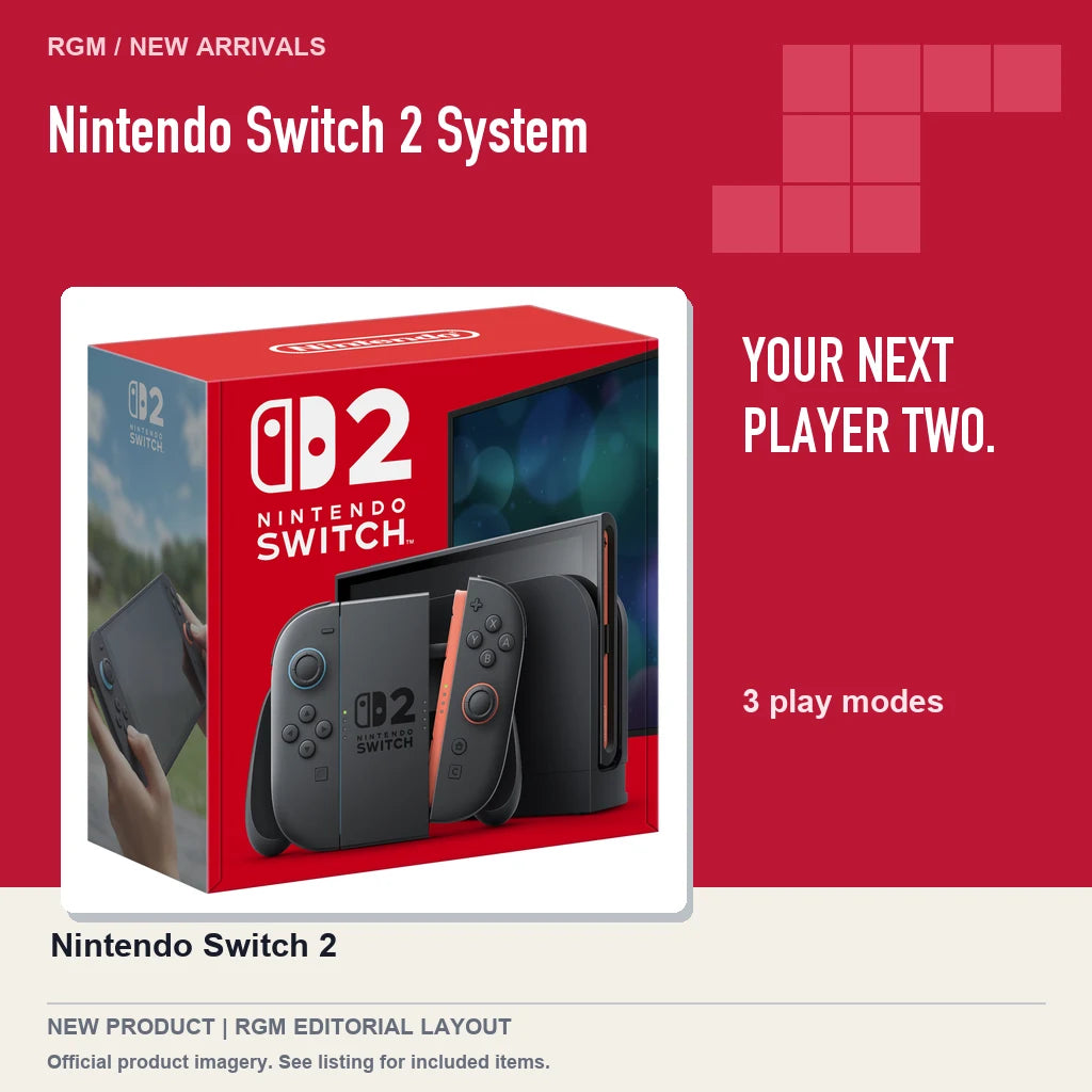 Nintendo Switch 2 System, red editorial product layout.
