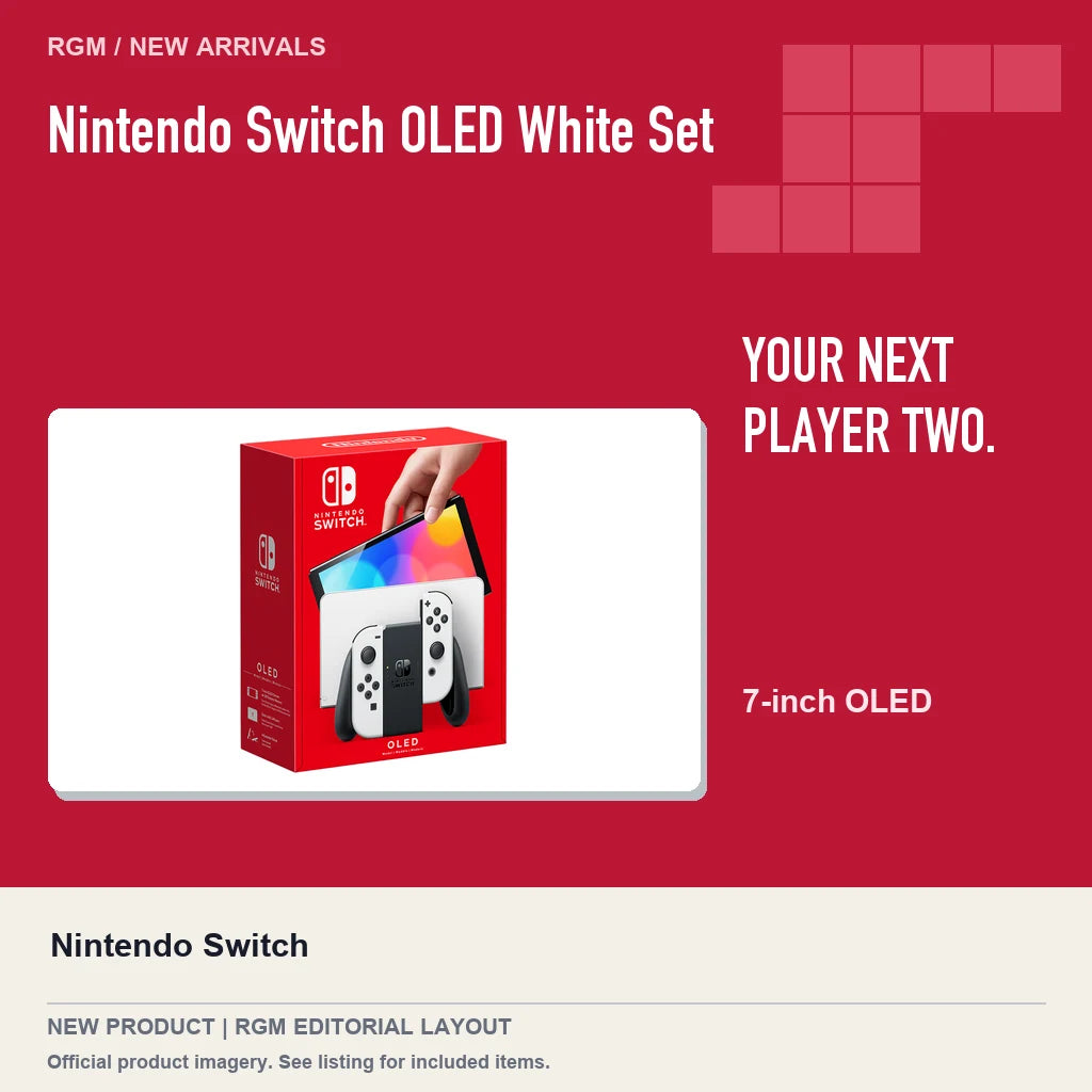 Nintendo Switch OLED White Set, red editorial product layout.