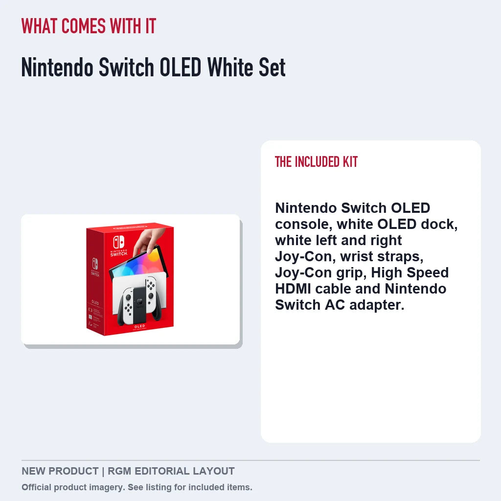 Nintendo Switch OLED White Set, included contents guide.