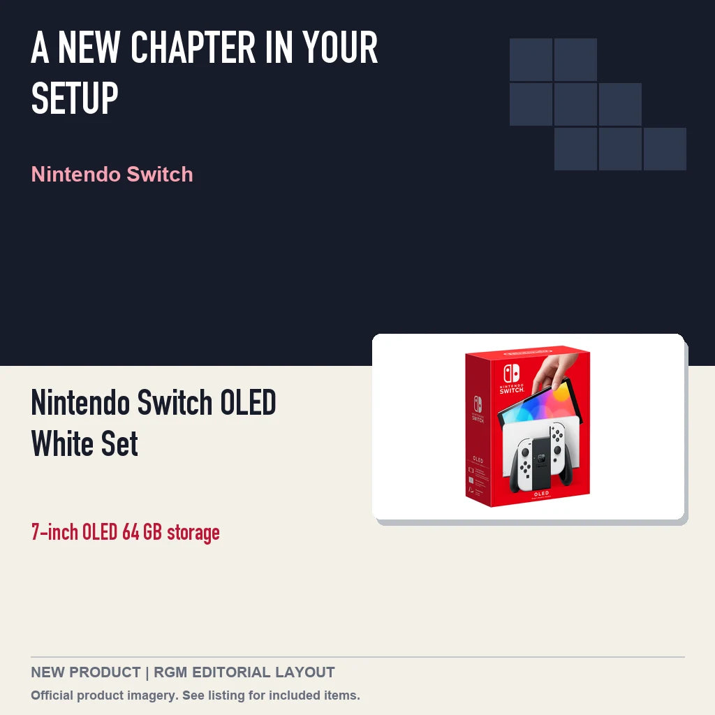 Nintendo Switch OLED White Set, editorial gaming setup layout.