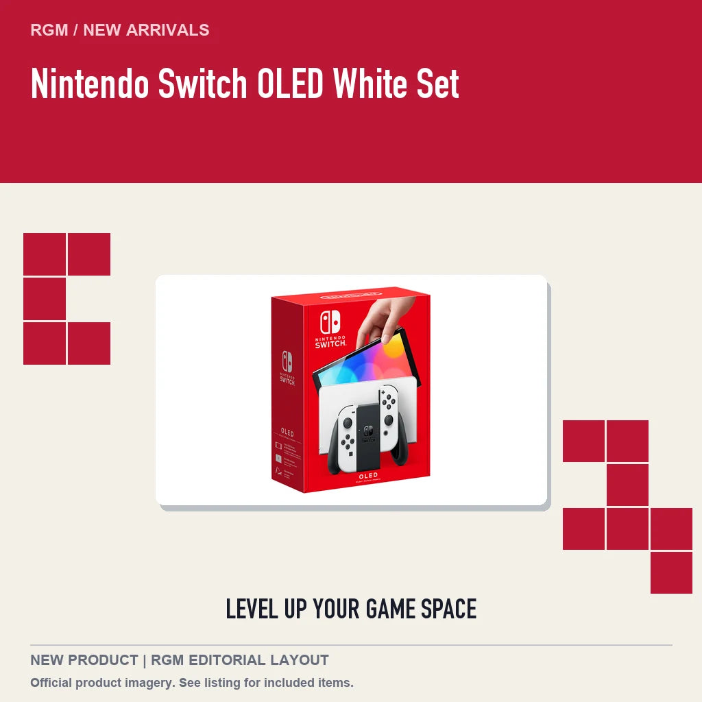 Nintendo Switch OLED White Set, retro pixel product showcase.