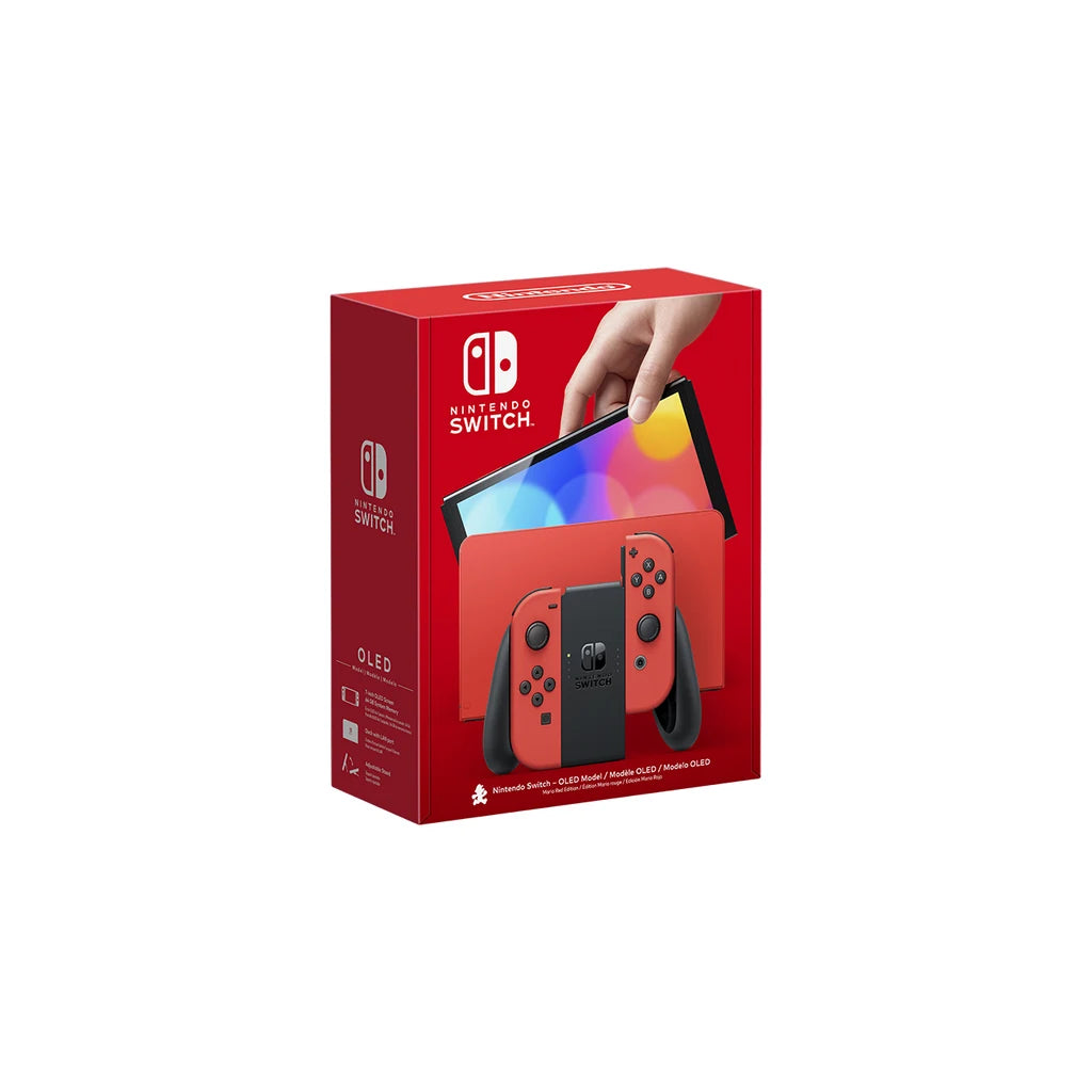 Nintendo Switch OLED Mario Red Edition, official product image on white.