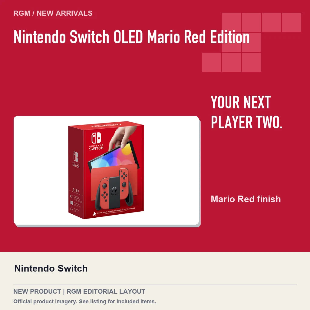 Nintendo Switch OLED Mario Red Edition, red editorial product layout.