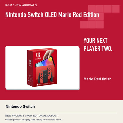 Nintendo Switch OLED Mario Red Edition, red editorial product layout.