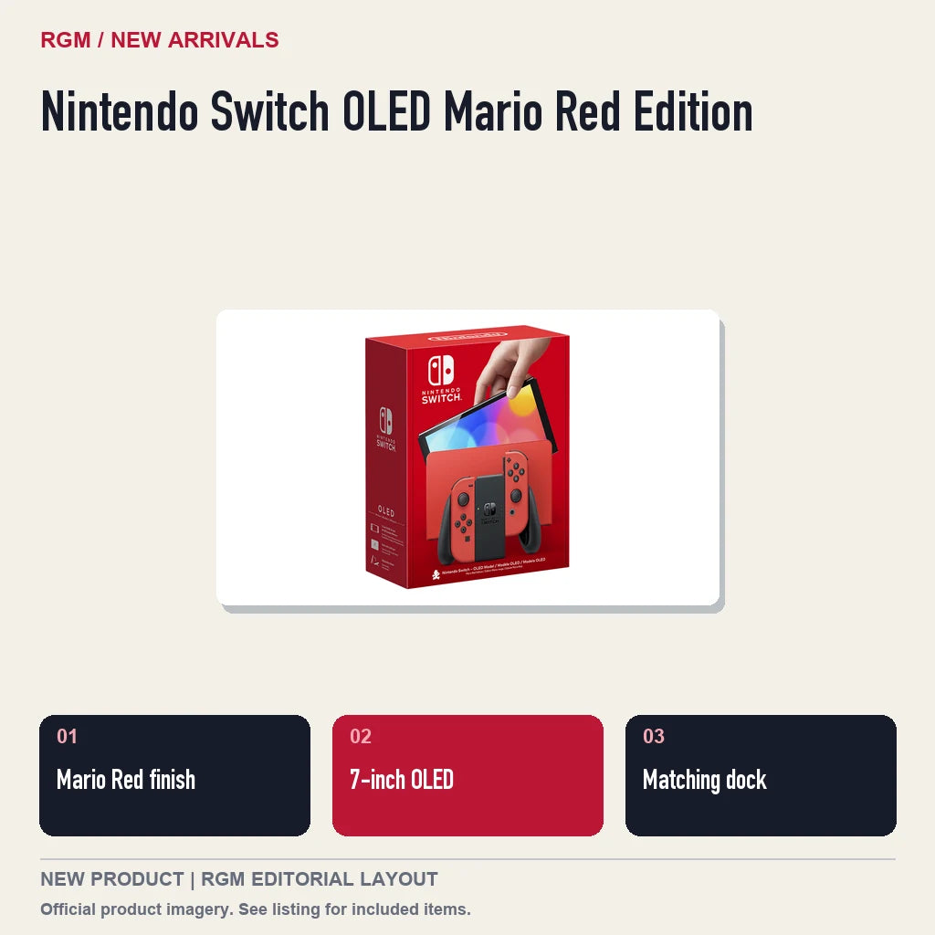 Nintendo Switch OLED Mario Red Edition, three feature highlights.