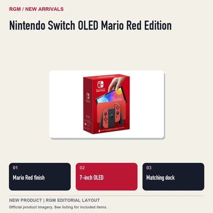 Nintendo Switch OLED Mario Red Edition, three feature highlights.