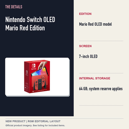 Nintendo Switch OLED Mario Red Edition, specifications and product image.