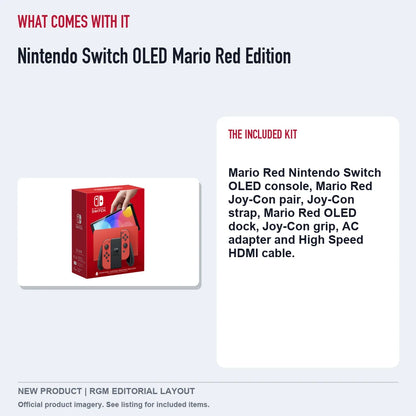 Nintendo Switch OLED Mario Red Edition, included contents guide.