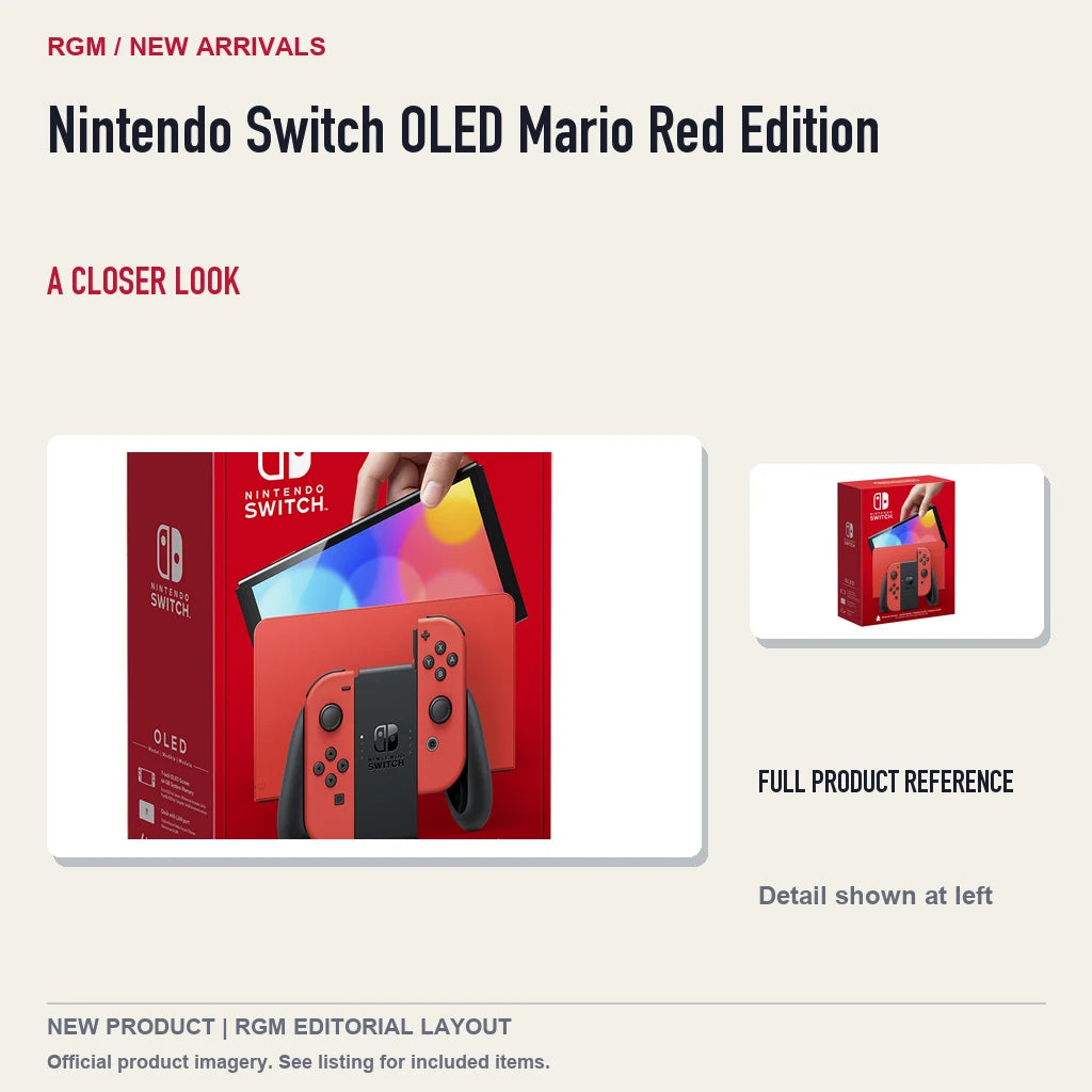 Nintendo Switch OLED Mario Red Edition, full product reference with detail crop.