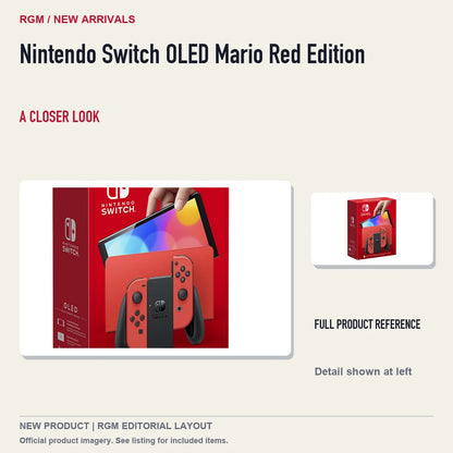 Nintendo Switch OLED Mario Red Edition, full product reference with detail crop.