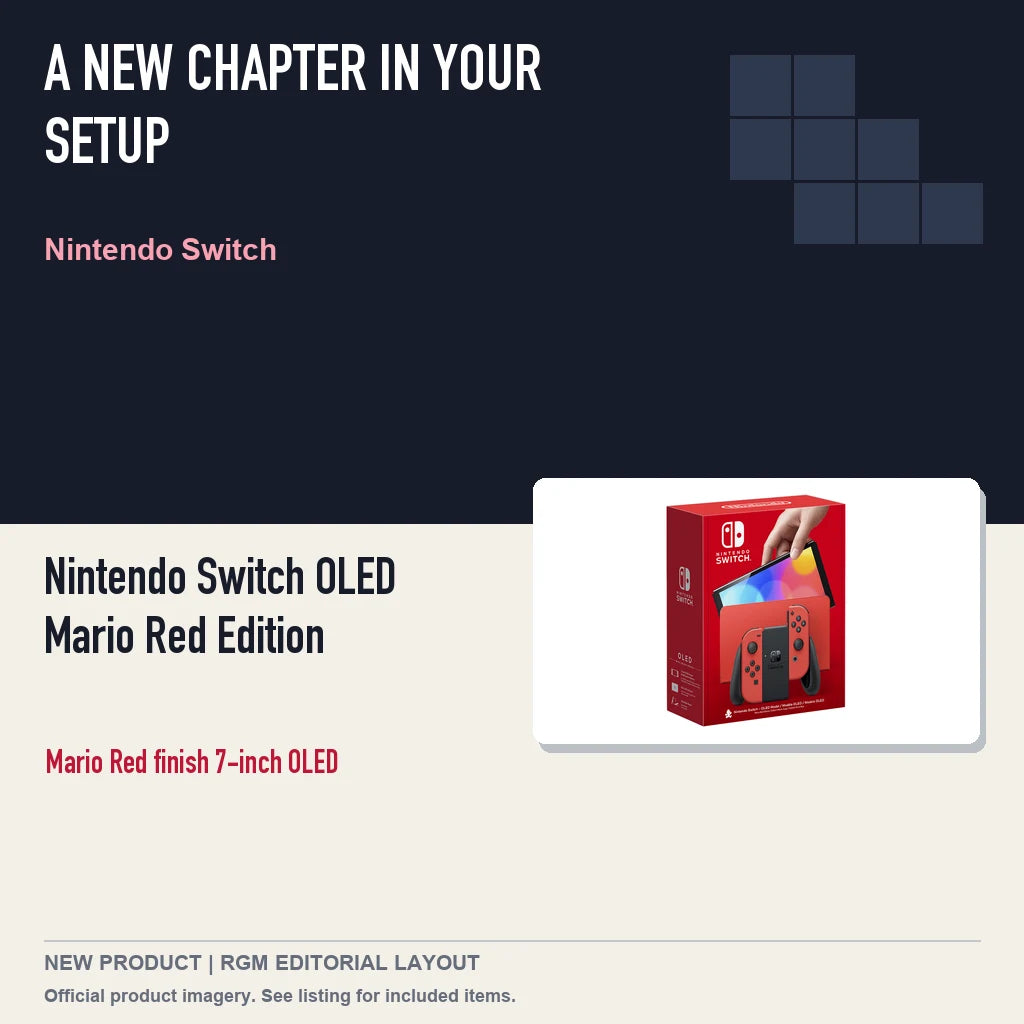 Nintendo Switch OLED Mario Red Edition, editorial gaming setup layout.