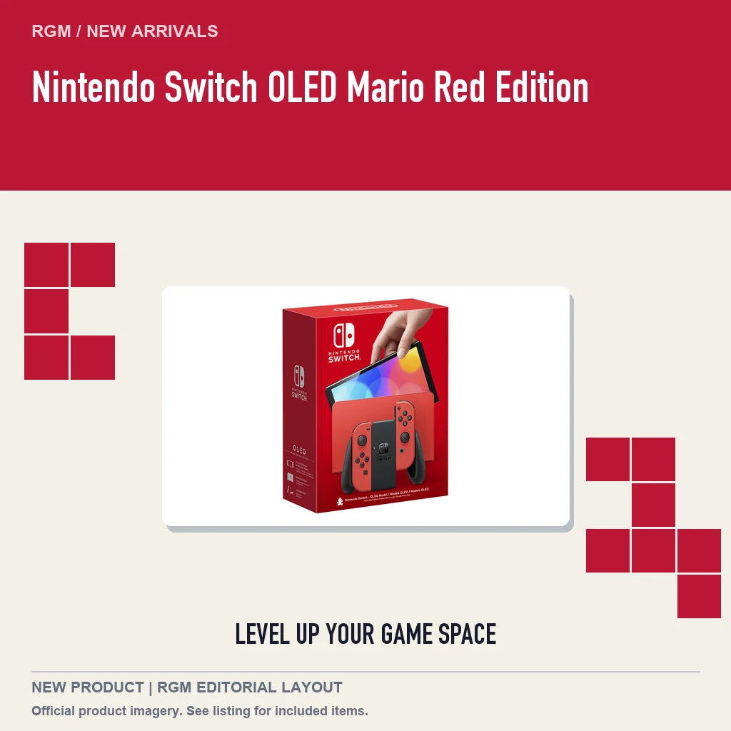 Nintendo Switch OLED Mario Red Edition, retro pixel product showcase.