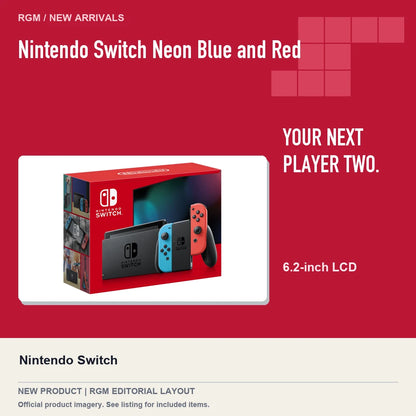 Nintendo Switch Neon Blue and Red, red editorial product layout.