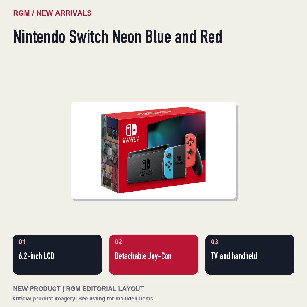 Nintendo Switch Neon Blue and Red, three feature highlights.