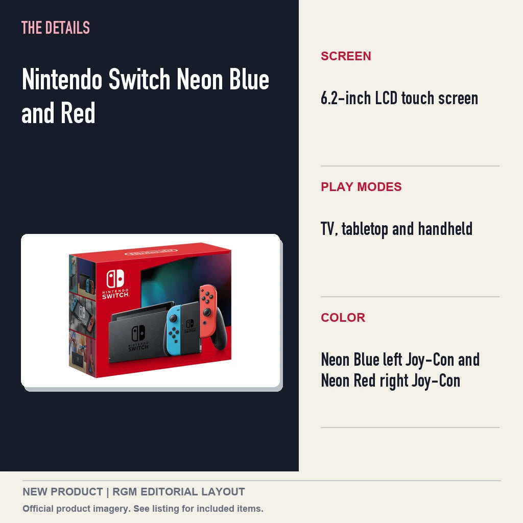 Nintendo Switch Neon Blue and Red, specifications and product image.
