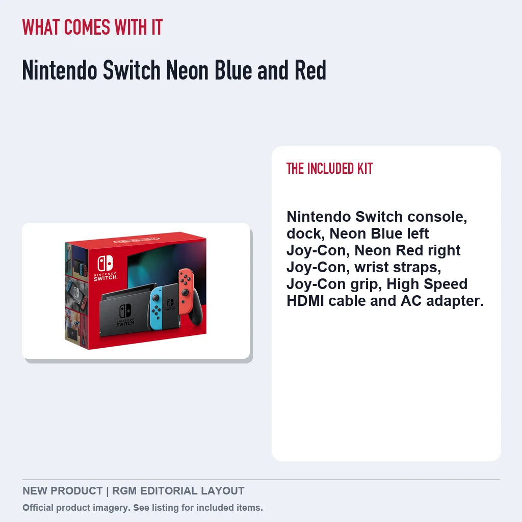 Nintendo Switch Neon Blue and Red, included contents guide.