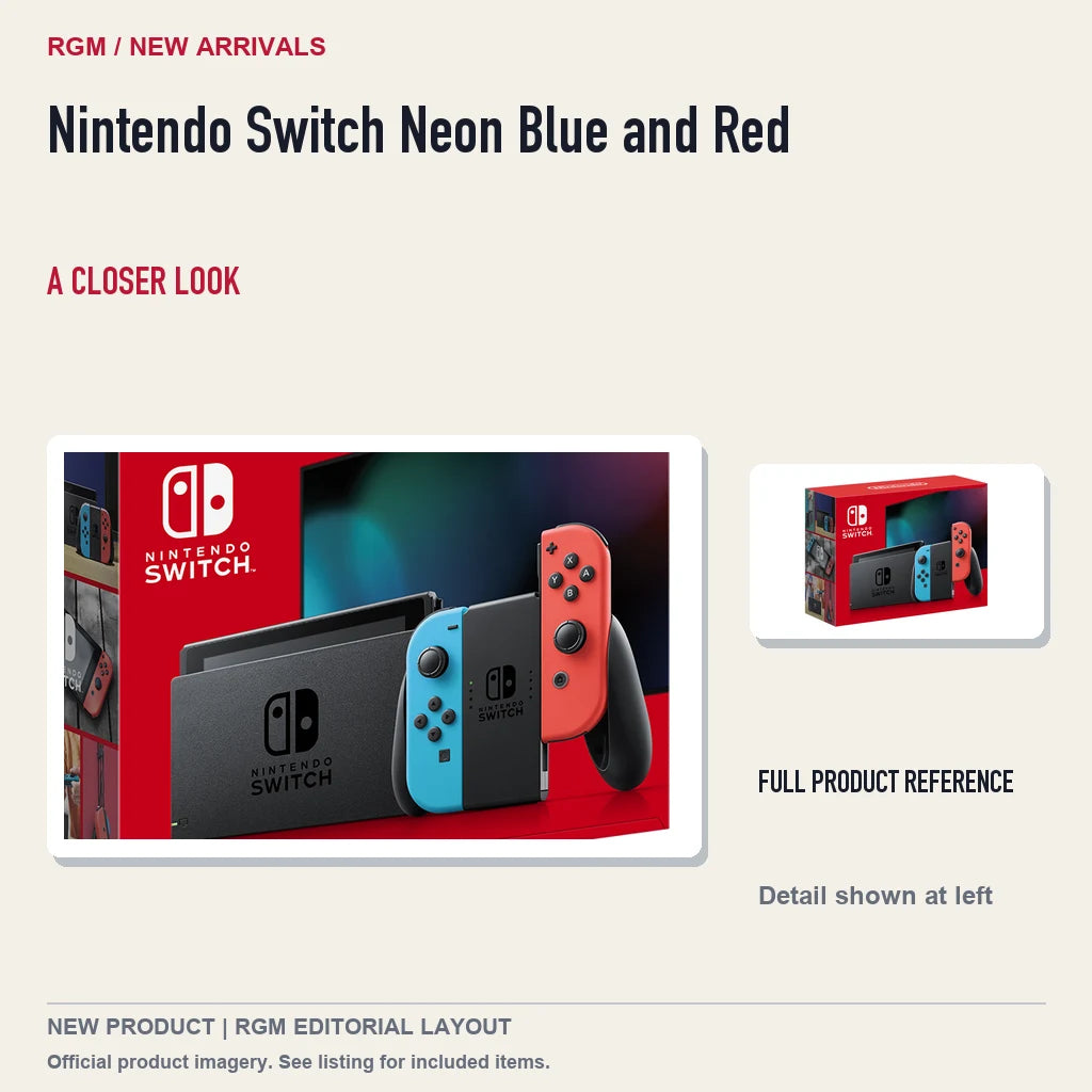 Nintendo Switch Neon Blue and Red, full product reference with detail crop.