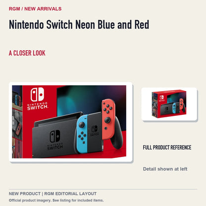 Nintendo Switch Neon Blue and Red, full product reference with detail crop.