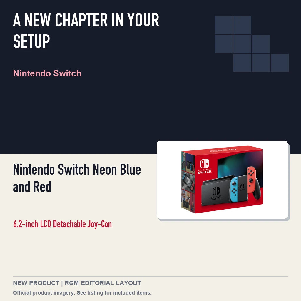 Nintendo Switch Neon Blue and Red, editorial gaming setup layout.